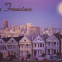 San Francisco. Moon over city. Alamo Square