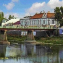 Uzhgorod. Uzh river. Pedestrian bridge
